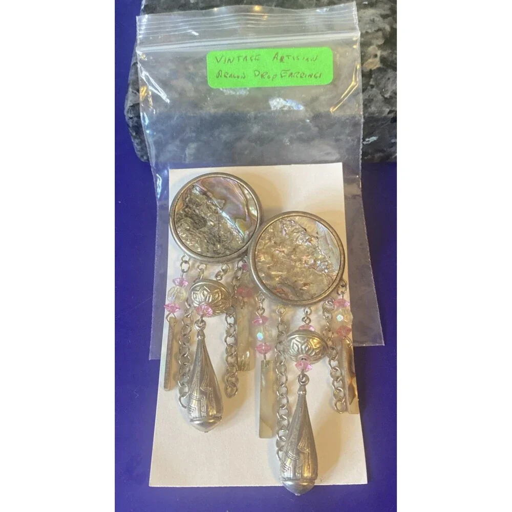 Vintage Artisan Boho Style Drop Earrings.Iridescent Pink and Silver
